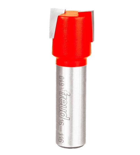A profile view of the Freud 16-116 woodworking tool showcasing the industrial-grade silver shank with laser-etched model numbering and the red carbide-tipped head designed for precise mortising in plywood and hardwood.
