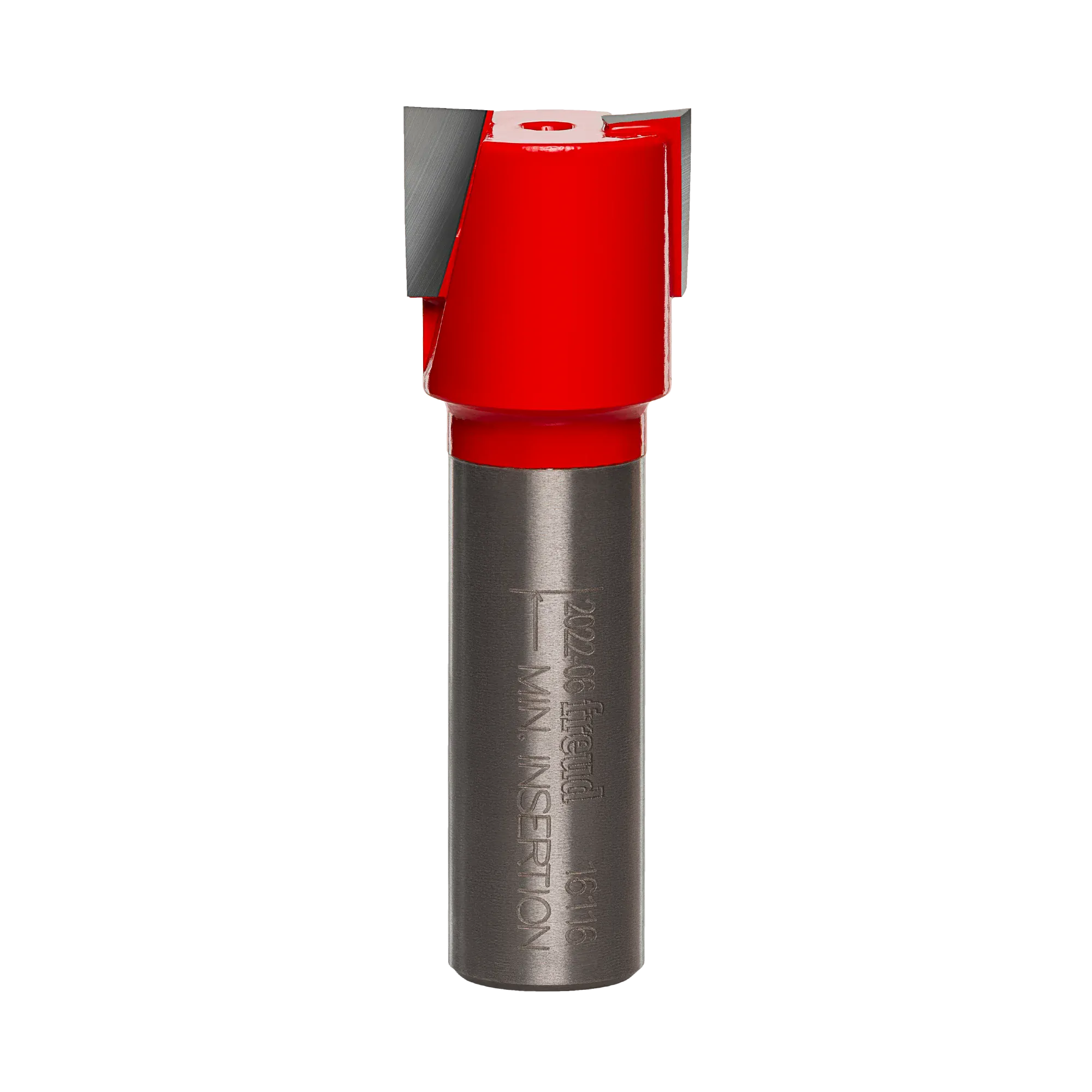 A high-resolution studio shot of the Freud 16-116 mortising router bit featuring a 1/2 inch shank and 23/32 inch diameter cutting head with a signature red non-stick coating and precision-ground carbide down-shear blades for clean woodworking results.