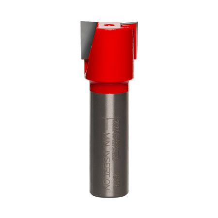 A high-resolution studio shot of the Freud 16-116 mortising router bit featuring a 1/2 inch shank and 23/32 inch diameter cutting head with a signature red non-stick coating and precision-ground carbide down-shear blades for clean woodworking results.
