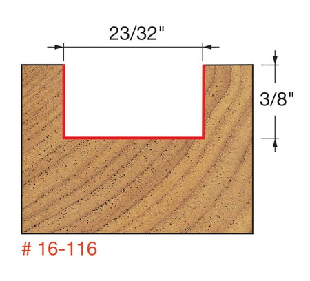 Technical diagram for the Freud 16-116 mortising bit illustrating a 23/32 inch wide cut and a 3/8 inch depth of cut, demonstrating the exact dimensions for fitting hardware and routing shallow grooves or dadoes.