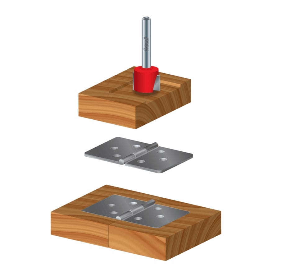 Application graphic showing the Freud 16-116 router bit milling a shallow pocket in wood to create a perfectly flush-mounted hinge installation, ideal for cabinet making and furniture hardware projects.