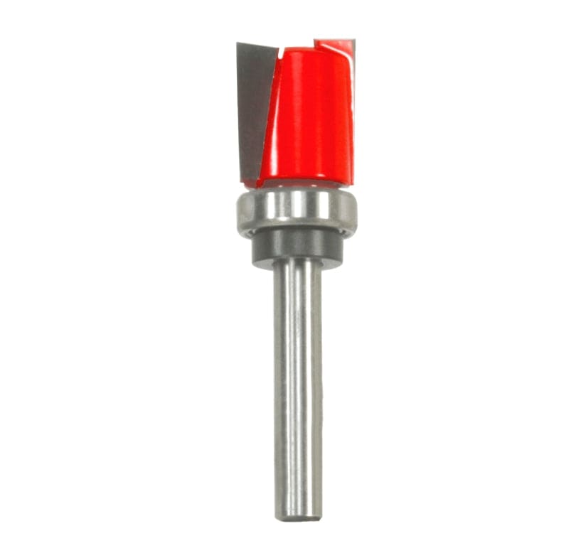 A studio product view of the Freud 16-502 top bearing mortising bit, featuring a red carbide-tipped cutting head, a silver top-mounted ball bearing, and a polished steel shank.