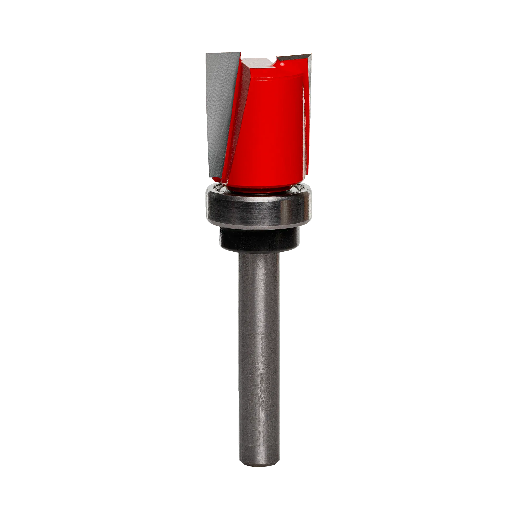 A studio product view of the Freud 16-502 top bearing mortising bit, featuring a red carbide-tipped cutting head, a silver top-mounted ball bearing, and a polished steel shank.