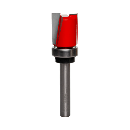 A studio product view of the Freud 16-502 top bearing mortising bit, featuring a red carbide-tipped cutting head, a silver top-mounted ball bearing, and a polished steel shank.