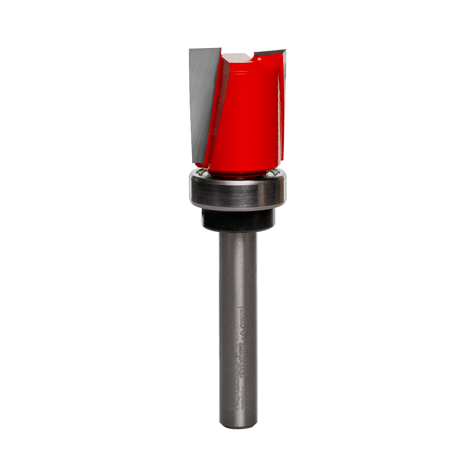 A studio product view of the Freud 16-502 top bearing mortising bit, featuring a red carbide-tipped cutting head, a silver top-mounted ball bearing, and a polished steel shank.