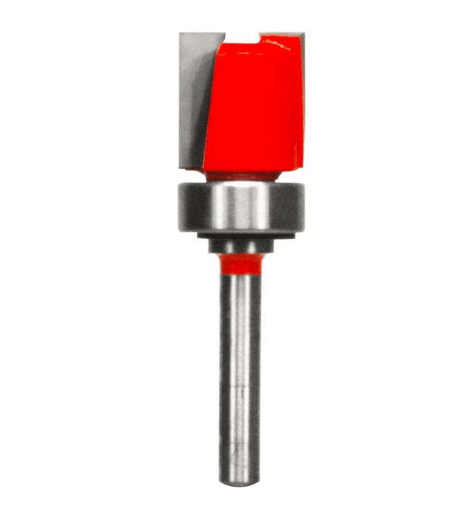 A studio product view of the Freud 16-504 top bearing mortising router bit, featuring a bright red head with sharp silver carbide cutting edges, a top-mounted ball bearing, and a polished steel shank.