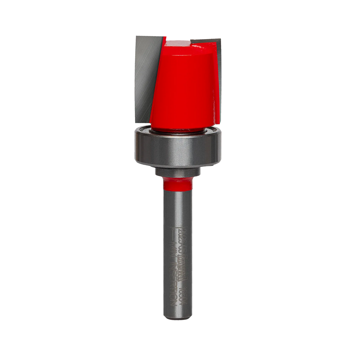 A studio product view of the Freud 16-504 top bearing mortising router bit, featuring a bright red head with sharp silver carbide cutting edges, a top-mounted ball bearing, and a polished steel shank.