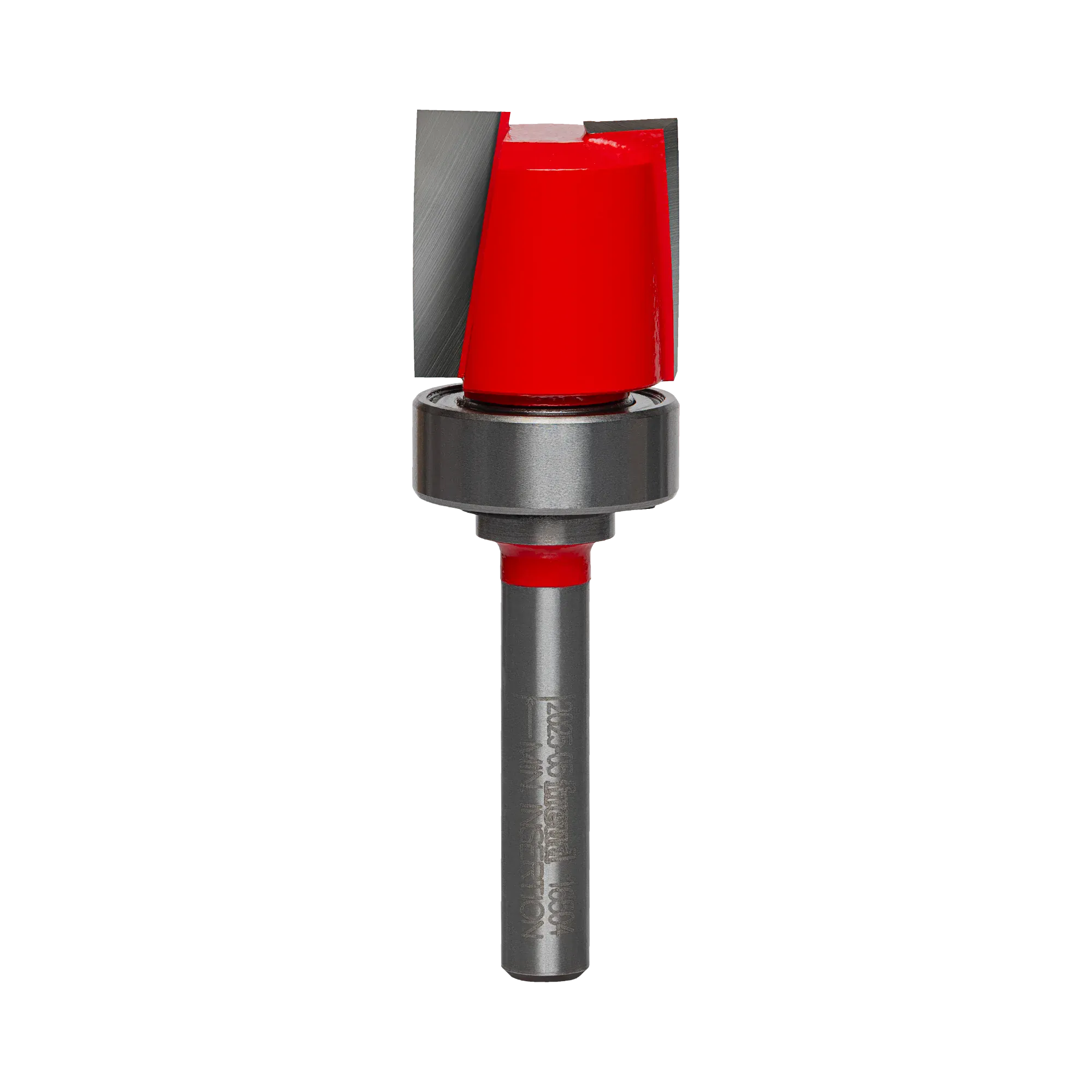 A studio product view of the Freud 16-504 top bearing mortising router bit, featuring a bright red head with sharp silver carbide cutting edges, a top-mounted ball bearing, and a polished steel shank.
