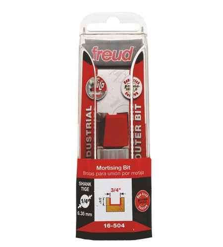 Product packaging for the Freud 16-504 mortising bit, showing the red carbide-tipped tool in a clear plastic container with labels indicating its 3/4-inch diameter and 1/4-inch shank size.