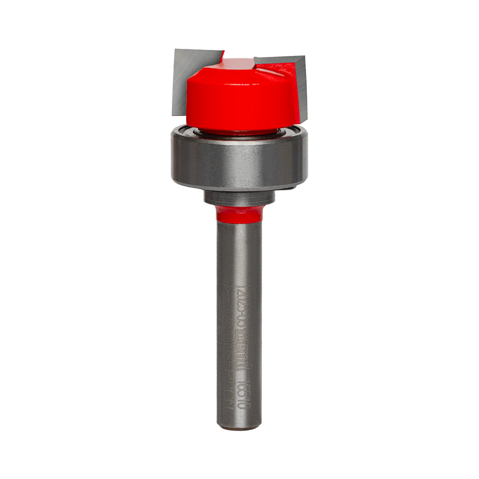 A studio product view of the Freud 16-510 top bearing mortising bit, featuring a bright red carbide-tipped cutting head, a silver ball bearing mounted on the shank, and a polished 1/4 inch steel shank.