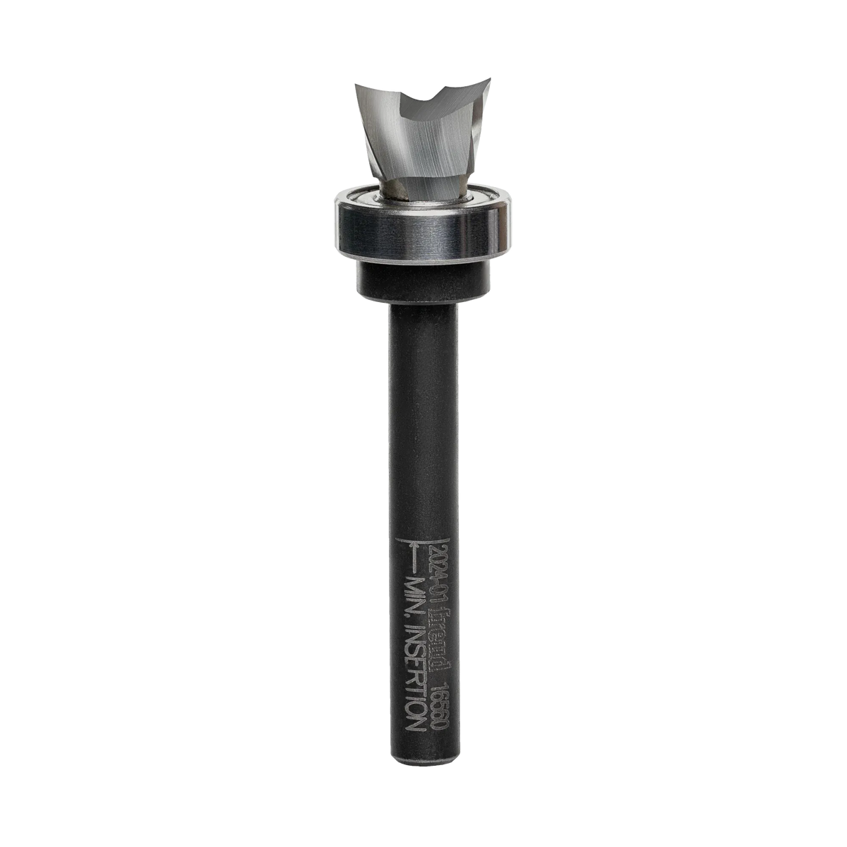 A side-profile view of the Freud 16-560 mortising router bit against a white background, highlighting the 1/4-inch shank and the precision-ground down-shear carbide cutters.