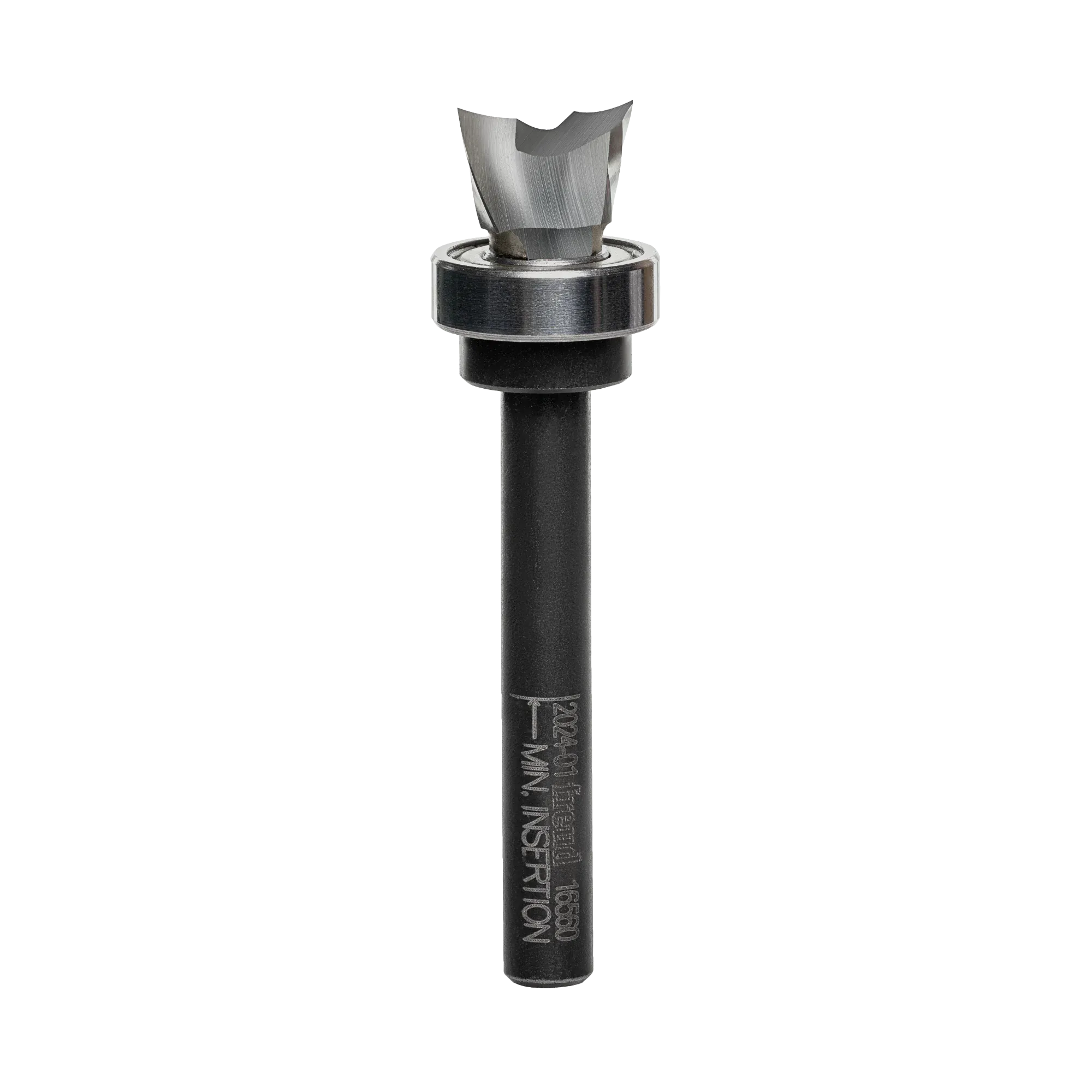 A side-profile view of the Freud 16-560 mortising router bit against a white background, highlighting the 1/4-inch shank and the precision-ground down-shear carbide cutters.