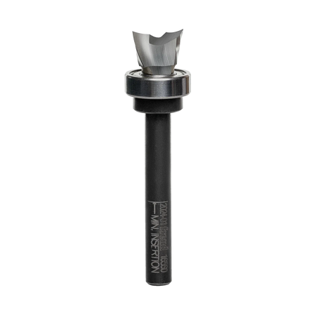 A side-profile view of the Freud 16-560 mortising router bit against a white background, highlighting the 1/4-inch shank and the precision-ground down-shear carbide cutters.