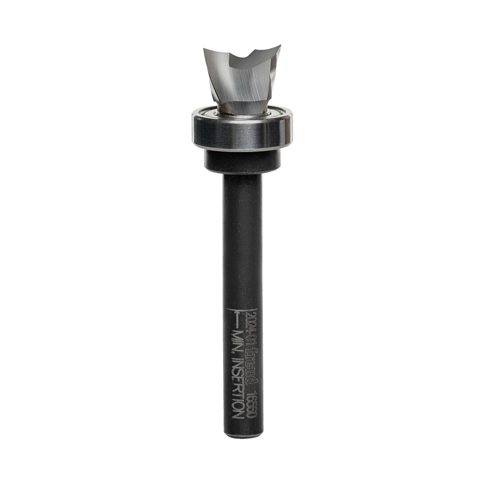 A side-profile view of the Freud 16-560 mortising router bit against a white background, highlighting the 1/4-inch shank and the precision-ground down-shear carbide cutters.