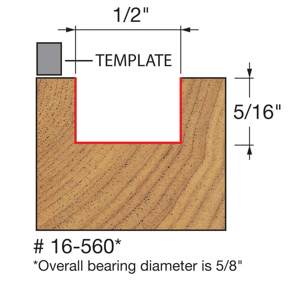 A technical profile diagram for the Freud 16-560 mortising bit, illustrating a precise 1/2-inch wide by 5/16-inch deep cut guided by a 5/8-inch diameter top bearing and template.