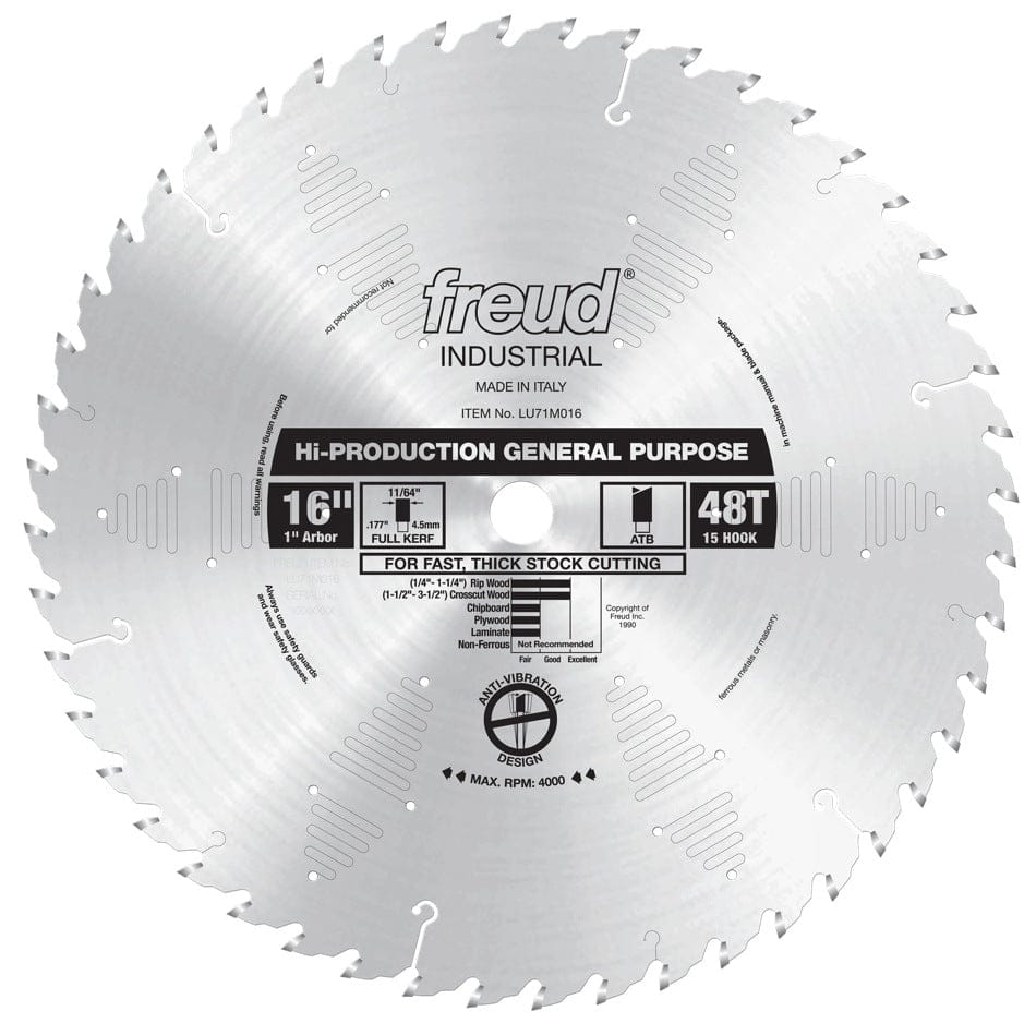Front view of the silver Freud LU71M016 16-inch industrial saw blade, featuring 48 teeth, laser-cut anti-vibration slots, and labeling for high-production general purpose cutting.
