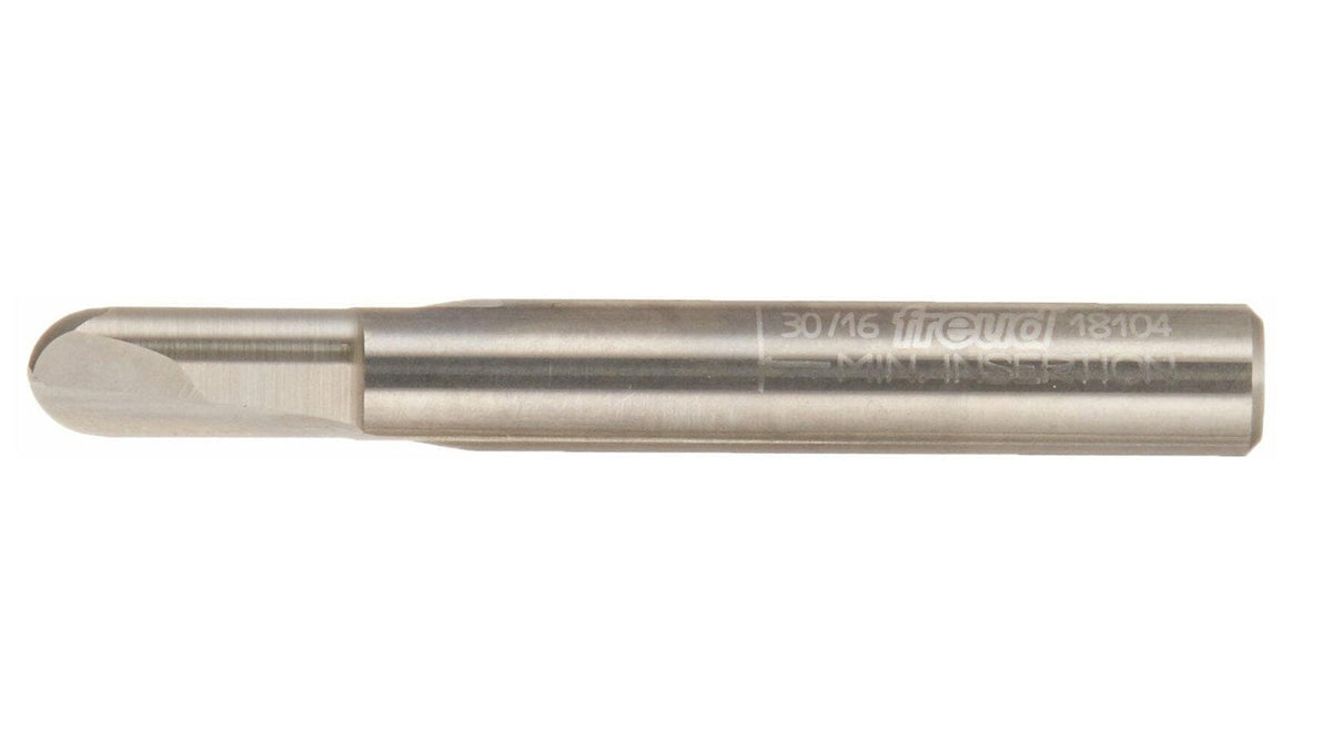 A side profile view of the Freud 18-104 router bit, showing the rounded cutting tip and the laser-etched model number and minimum insertion line on the shank.