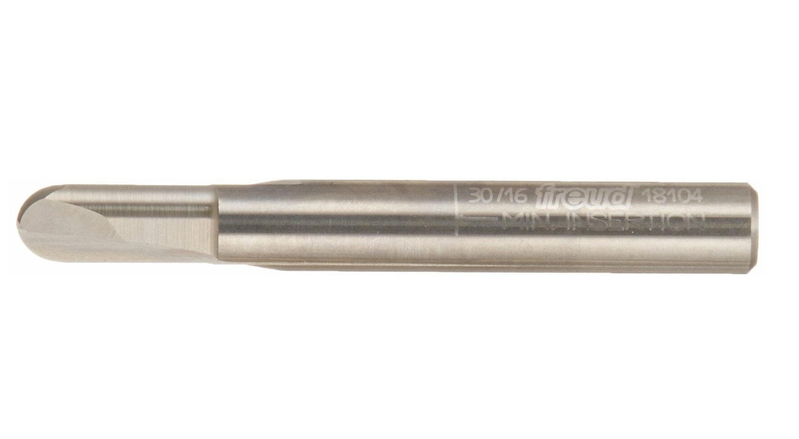 A side profile view of the Freud 18-104 router bit, showing the rounded cutting tip and the laser-etched model number and minimum insertion line on the shank.