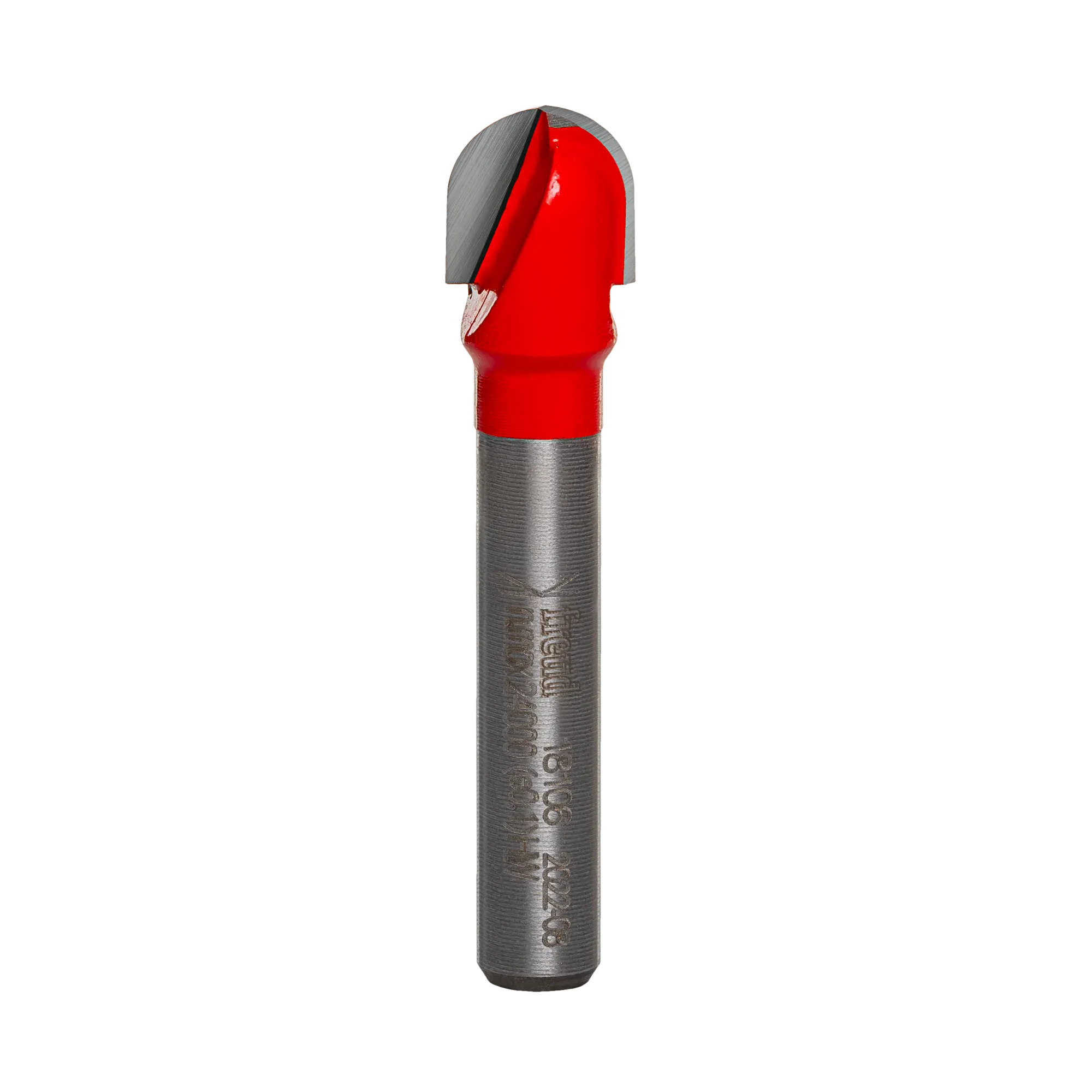 Studio product view of the Freud 18-106 router bit, featuring a 1/4 inch silver shank and a red Perma-SHIELD coated round nose cutting head with a 3/16 inch radius tip.