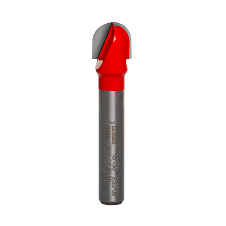 Studio product view of the Freud 18-106 router bit, featuring a 1/4 inch silver shank and a red Perma-SHIELD coated round nose cutting head with a 3/16 inch radius tip.