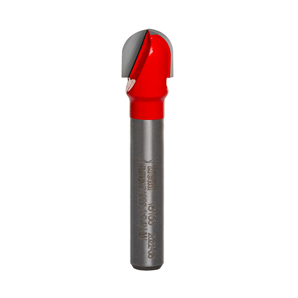 Studio product view of the Freud 18-106 router bit, featuring a 1/4 inch silver shank and a red Perma-SHIELD coated round nose cutting head with a 3/16 inch radius tip.