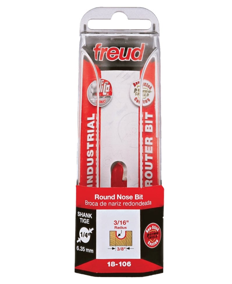 Retail packaging for the Freud 18-106 round nose bit, showing the red and black industrial branding, a diagram of the 3/16 inch radius profile, and icons indicating the 1/4 inch shank and TiCo carbide.