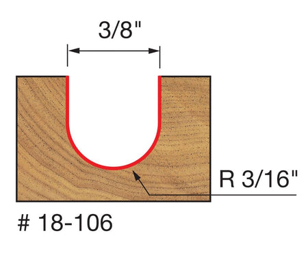Technical diagram illustrating the cutting profile of the Freud 18-106 core box bit, showing a cross-section of a U-shaped groove cut into wood with a 3/8 inch width and a 3/16 inch radius.