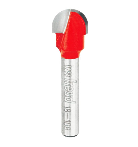 Studio product view of the Freud 18-108 router bit, featuring a 1/4 inch silver shank and a red Perma-SHIELD coated round nose cutting head with a 1/4 inch radius tip.