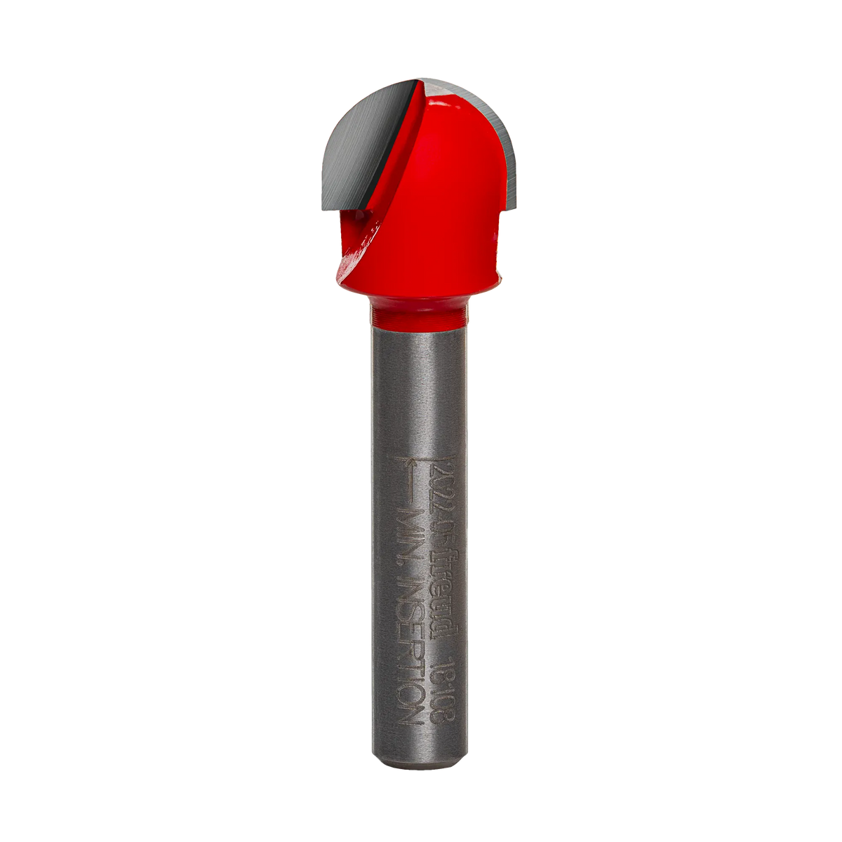 Studio product view of the Freud 18-108 router bit, featuring a 1/4 inch silver shank and a red Perma-SHIELD coated round nose cutting head with a 1/4 inch radius tip.