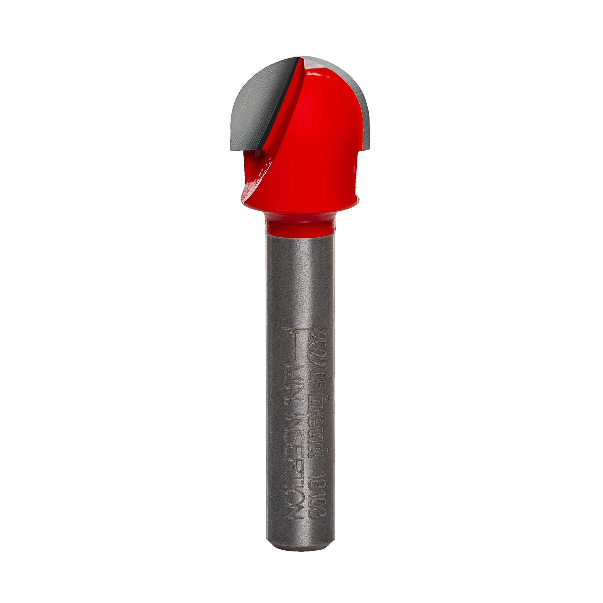 Studio product view of the Freud 18-108 router bit, featuring a 1/4 inch silver shank and a red Perma-SHIELD coated round nose cutting head with a 1/4 inch radius tip.