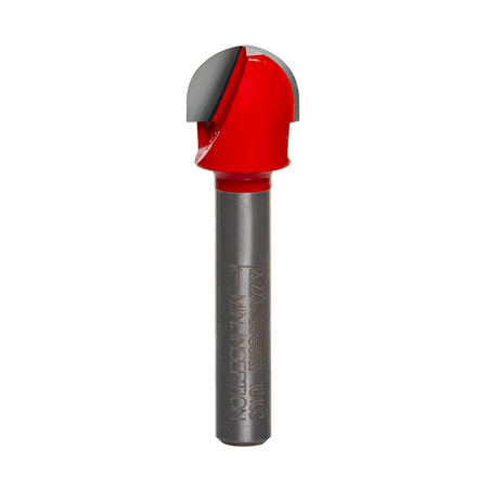 Studio product view of the Freud 18-108 router bit, featuring a 1/4 inch silver shank and a red Perma-SHIELD coated round nose cutting head with a 1/4 inch radius tip.