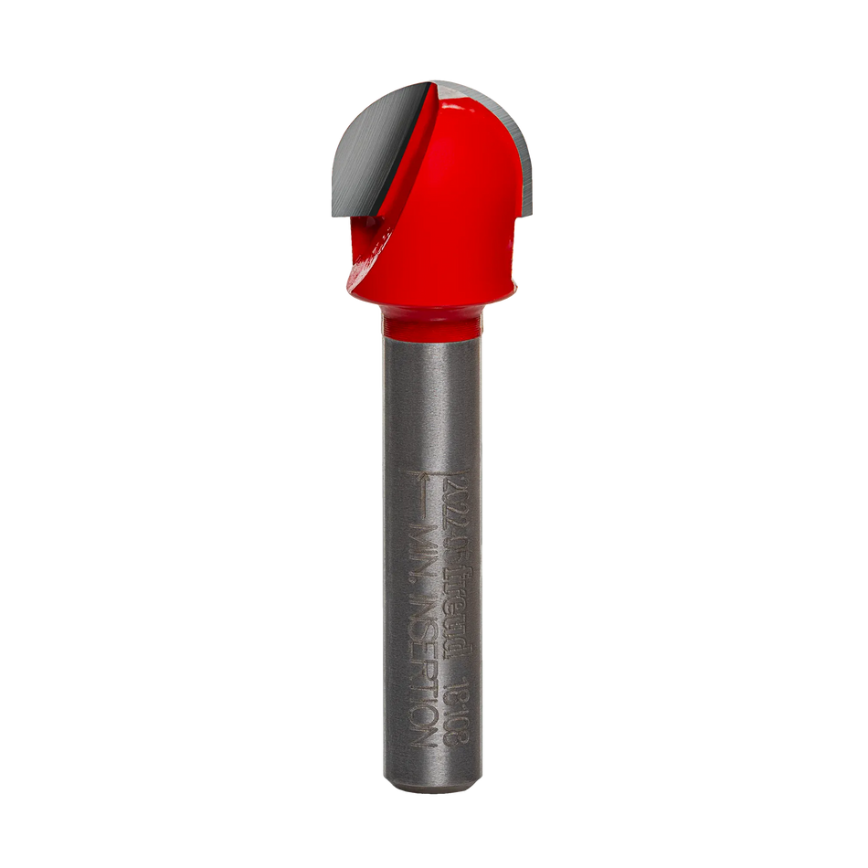 Studio product view of the Freud 18-108 router bit, featuring a 1/4 inch silver shank and a red Perma-SHIELD coated round nose cutting head with a 1/4 inch radius tip.