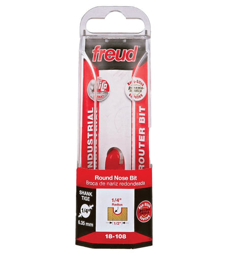 Retail packaging for the Freud 18-108 round nose bit, showing the red and black industrial branding, a diagram of the 1/4 inch radius profile, and icons indicating the 1/4 inch shank and TiCo carbide.
