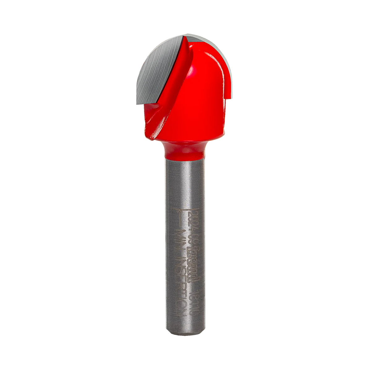Studio product view of the Freud 18-110 router bit, featuring a 1/4 inch silver shank and a red Perma-SHIELD coated round nose cutting head with a 5/16 inch radius tip.