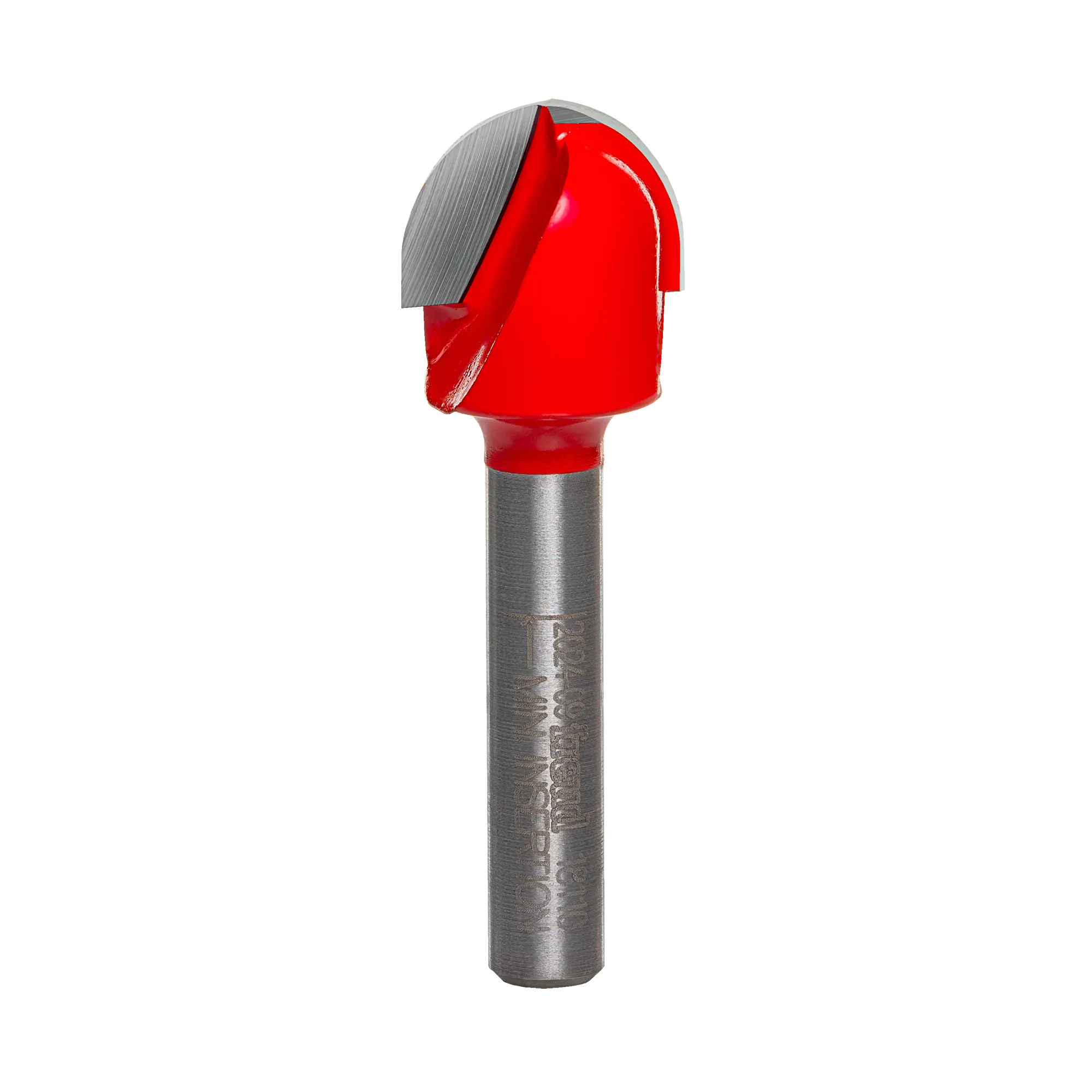 Studio product view of the Freud 18-110 router bit, featuring a 1/4 inch silver shank and a red Perma-SHIELD coated round nose cutting head with a 5/16 inch radius tip.