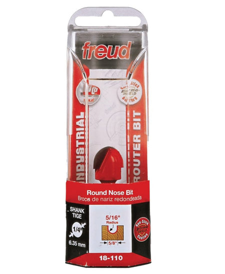 Retail packaging for the Freud 18-110 round nose bit, showing the red and black industrial branding, a diagram of the 5/16 inch radius profile, and icons indicating the 1/4 inch shank and TiCo carbide.