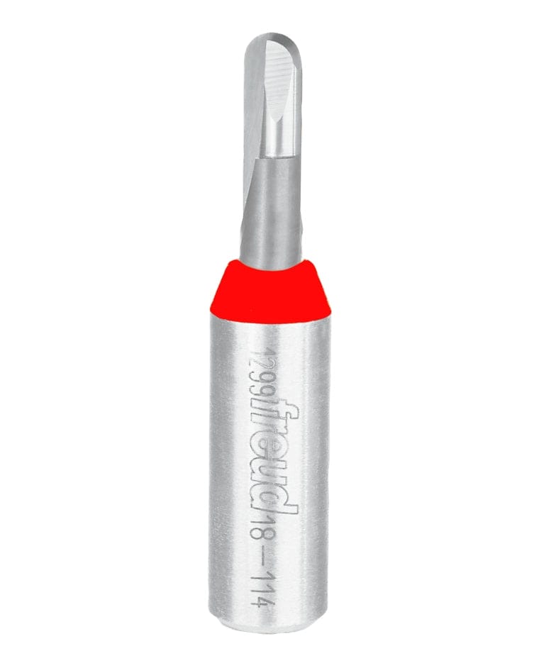 Studio product view of the Freud 18-114 router bit, featuring a 1/2 inch silver shank and a solid carbide round nose cutting head with a 1/8 inch radius tip.
