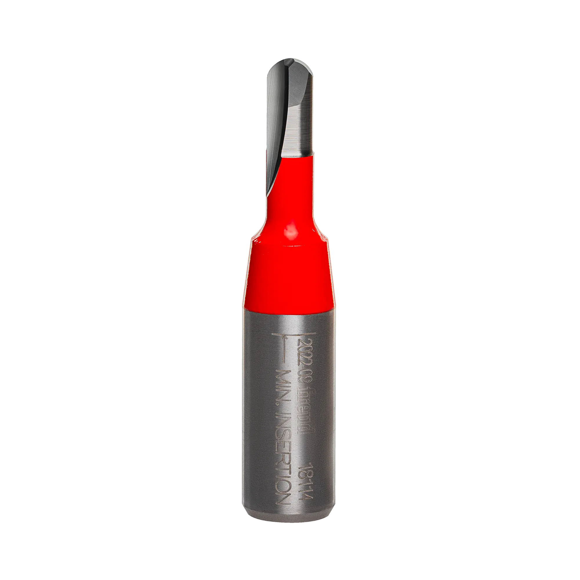 Studio product view of the Freud 18-114 router bit, featuring a 1/2 inch silver shank and a solid carbide round nose cutting head with a 1/8 inch radius tip.