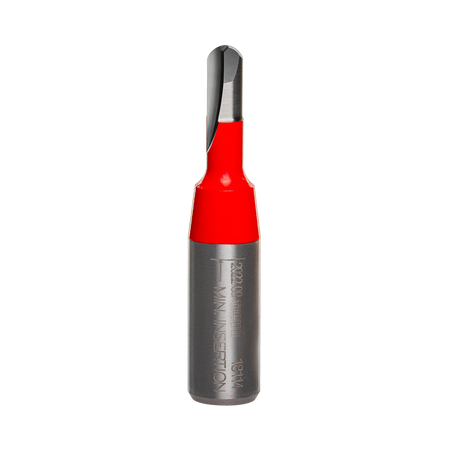 Studio product view of the Freud 18-114 router bit, featuring a 1/2 inch silver shank and a solid carbide round nose cutting head with a 1/8 inch radius tip.
