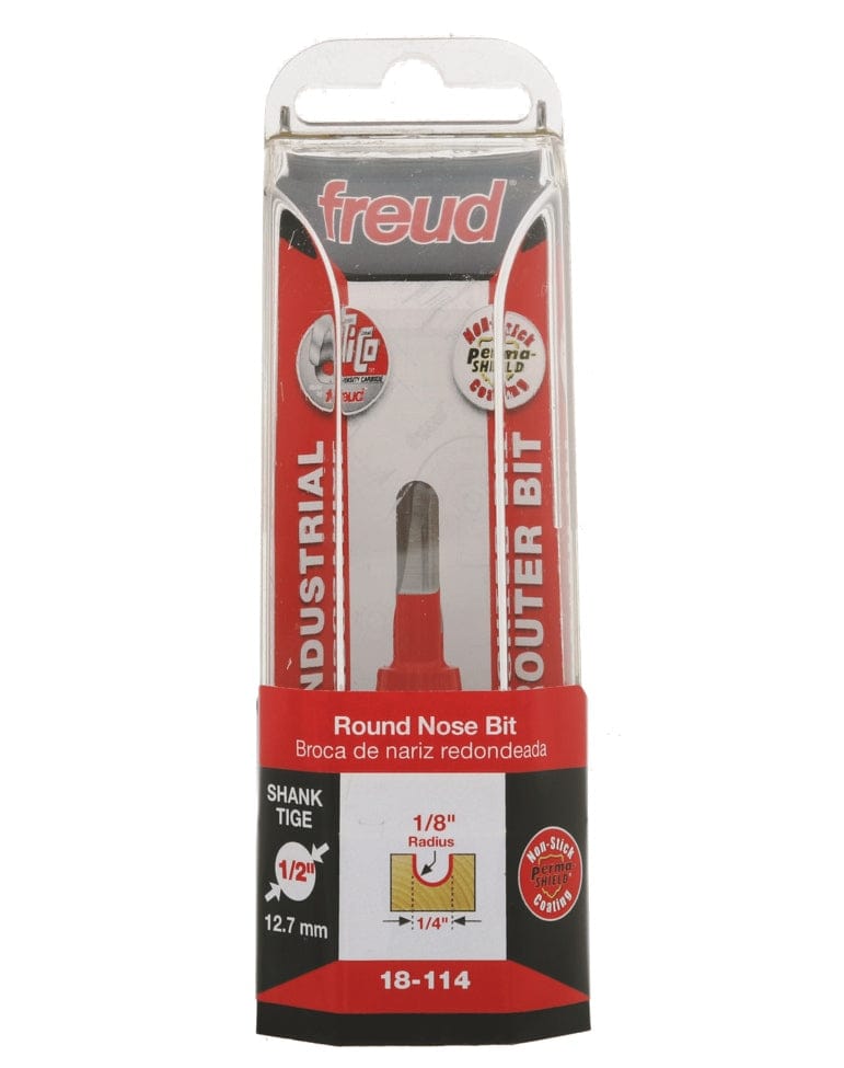 Retail packaging for the Freud 18-114 round nose bit, showing the red and black industrial branding, a diagram of the 1/8 inch radius profile, and icons indicating the 1/2 inch shank and TiCo carbide.