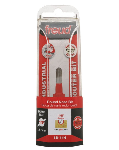 Retail packaging for the Freud 18-114 round nose bit, showing the red and black industrial branding, a diagram of the 1/8 inch radius profile, and icons indicating the 1/2 inch shank and TiCo carbide.
