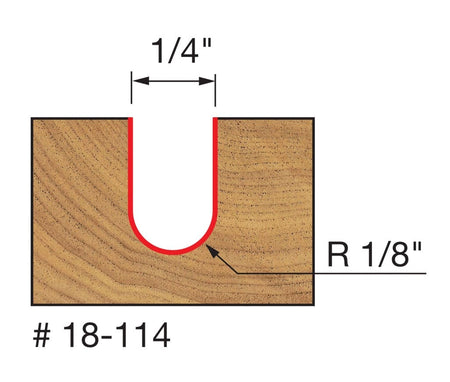 Technical diagram illustrating the cutting profile of the Freud 18-114 core box bit, showing a cross-section of a U-shaped groove cut into wood with a 1/4 inch width and a 1/8 inch radius.