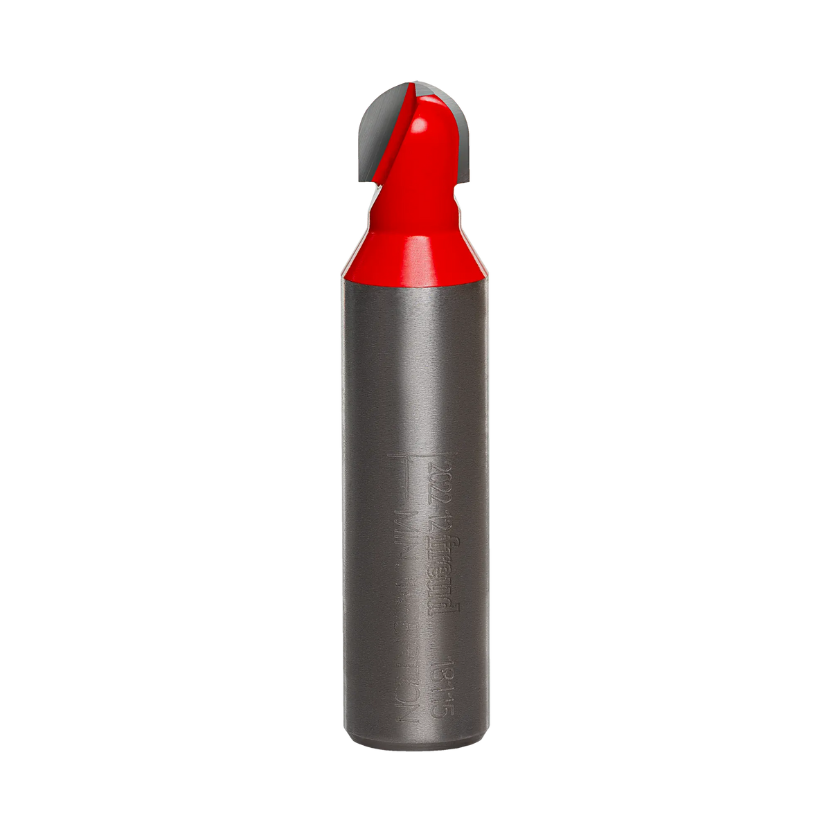 Studio product view of the Freud 18-115 router bit, featuring a 1/2 inch silver shank and a red Perma-SHIELD coated round nose cutting head with a 3/16 inch radius tip.