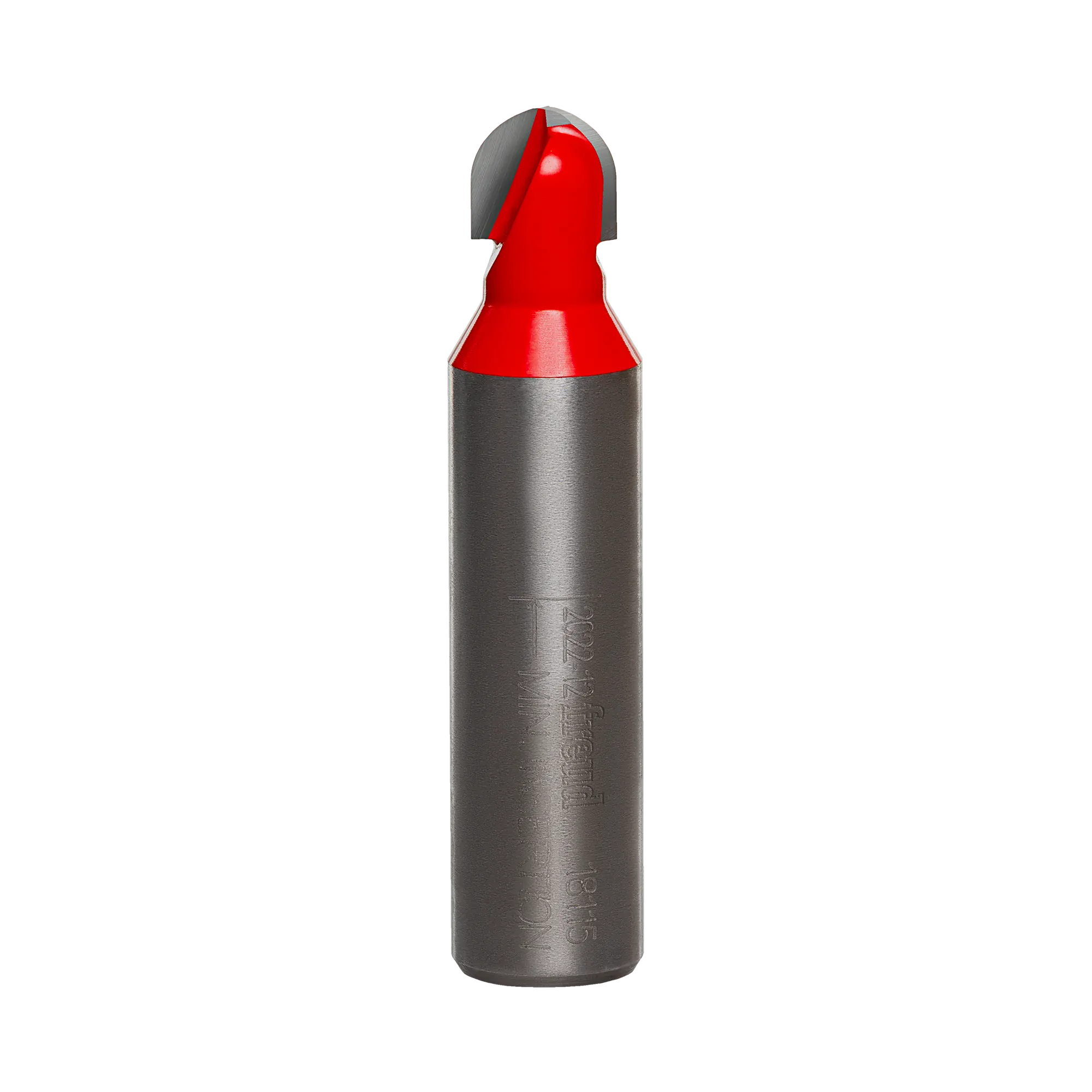 Studio product view of the Freud 18-115 router bit, featuring a 1/2 inch silver shank and a red Perma-SHIELD coated round nose cutting head with a 3/16 inch radius tip.