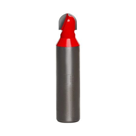 Studio product view of the Freud 18-115 router bit, featuring a 1/2 inch silver shank and a red Perma-SHIELD coated round nose cutting head with a 3/16 inch radius tip.