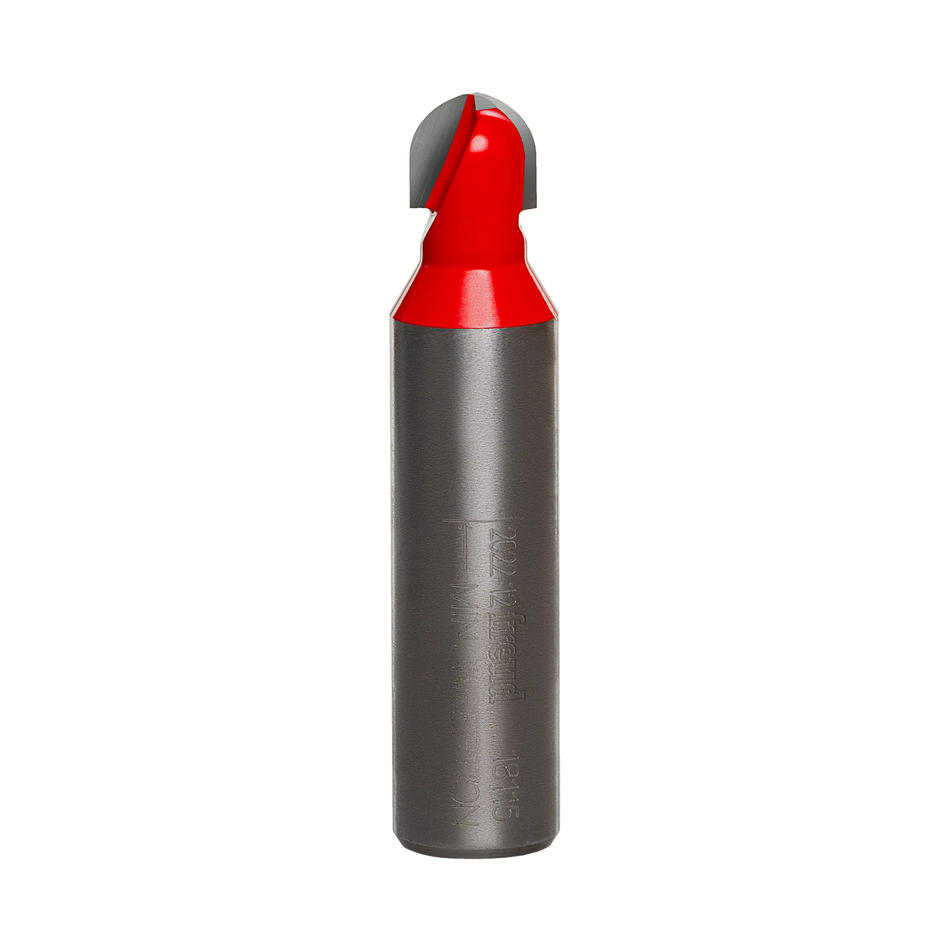 Studio product view of the Freud 18-115 router bit, featuring a 1/2 inch silver shank and a red Perma-SHIELD coated round nose cutting head with a 3/16 inch radius tip.