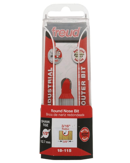 Retail packaging for the Freud 18-115 round nose bit, showing the red and black industrial branding, a diagram of the 3/16 inch radius profile, and icons indicating the 1/2 inch shank and TiCo carbide.