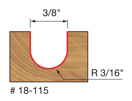 Technical diagram illustrating the cutting profile of the Freud 18-115 core box bit, showing a cross-section of a U-shaped groove cut into wood with a 3/8 inch width and a 3/16 inch radius.