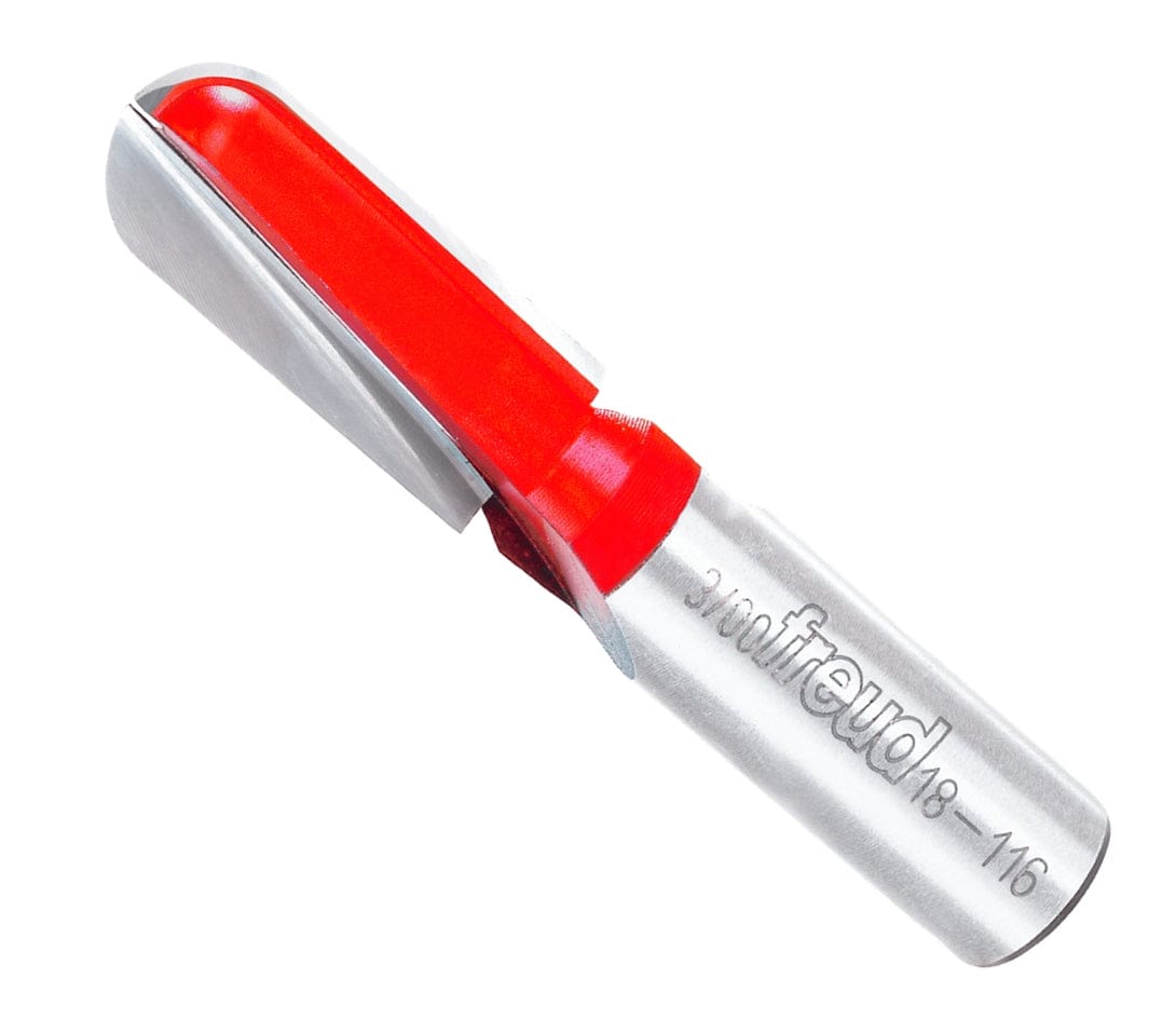 A professional studio product shot of the Freud 18-116 round nose router bit at an angle, showing the solid carbide cutting head with red coating and the polished 1/2-inch steel shank.