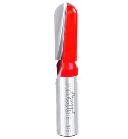 A side-profile view of the Freud 18-116 1/4-inch radius round nose bit against a white background, highlighting the precision-ground carbide flutes and laser-etched model identification on the shank.